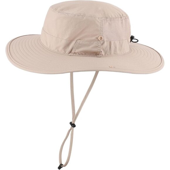 Accessories - Unisex Light Khaki 100%Nylon Wide Brim Boonie With Chin Strap Classic Bucket Hat